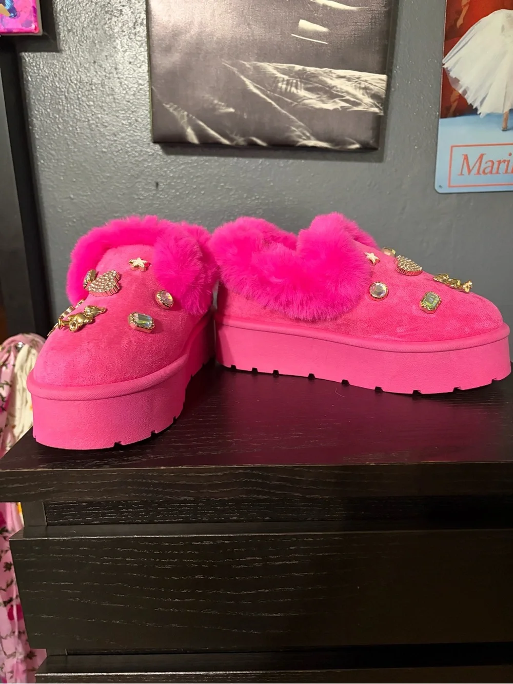 Hot Pink Platform Fur Slip-On Mules with Jewel Accents